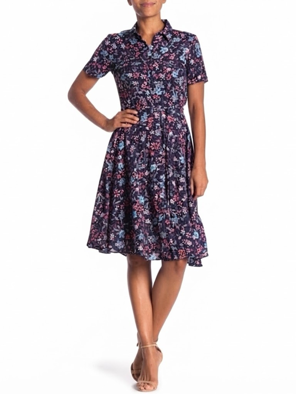 Nanette Lepore| Navy Floral Retro Midi Shirtdress w/Pink & Light Blue Sz 10